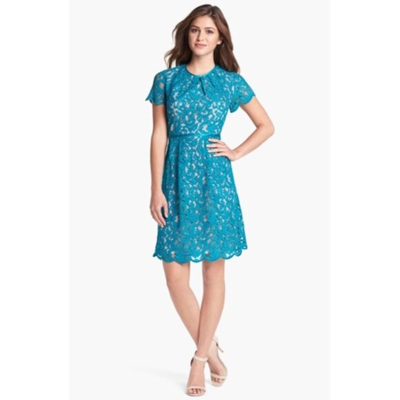 Adrianna Papell Womens Scalloped Lace Dress Turquoise Teal Short Sleeves size 6 - Picture 1 of 15